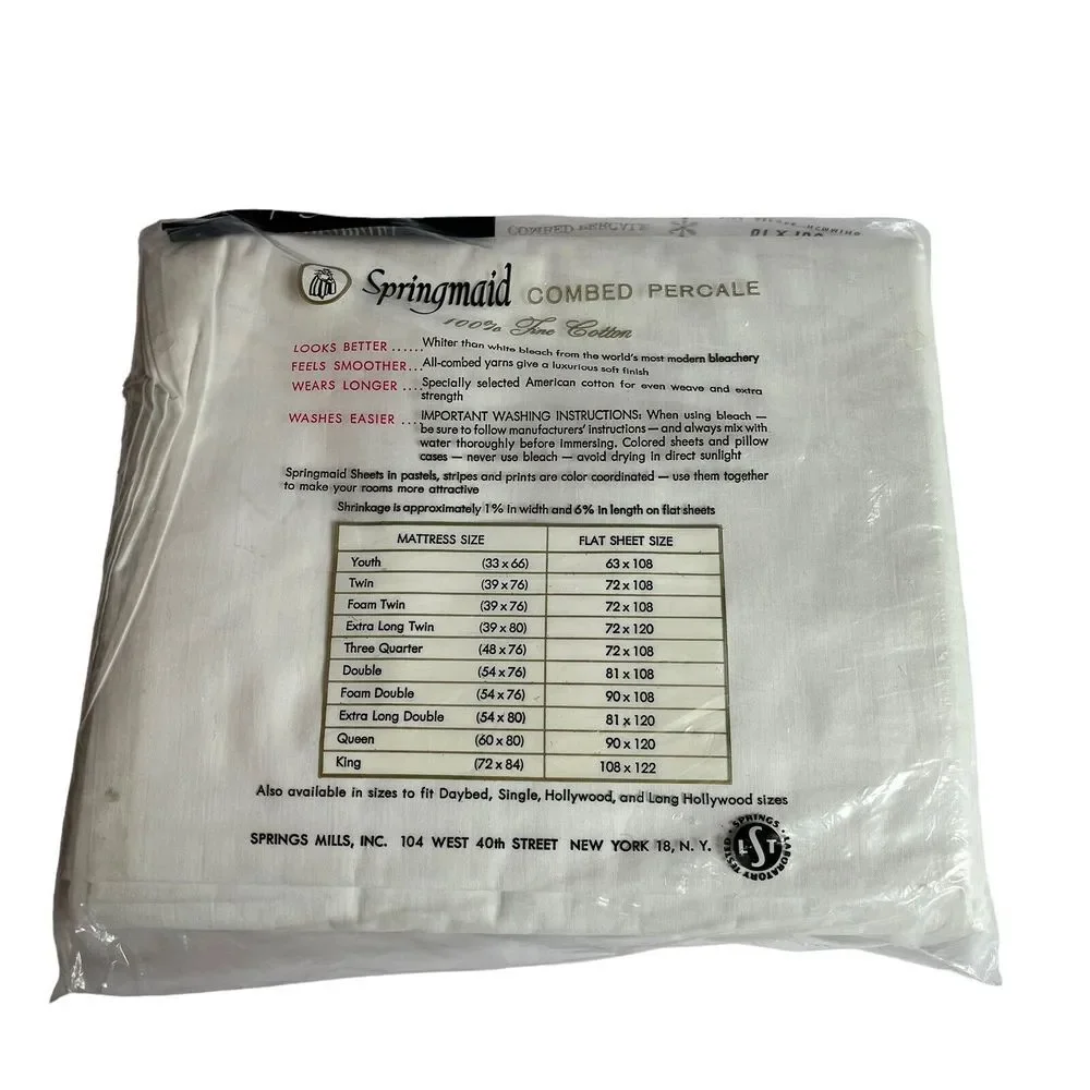 Vtg Springmaid Springcale Sheet White Combed Percale Double Flat Sheet USA‎ NIP